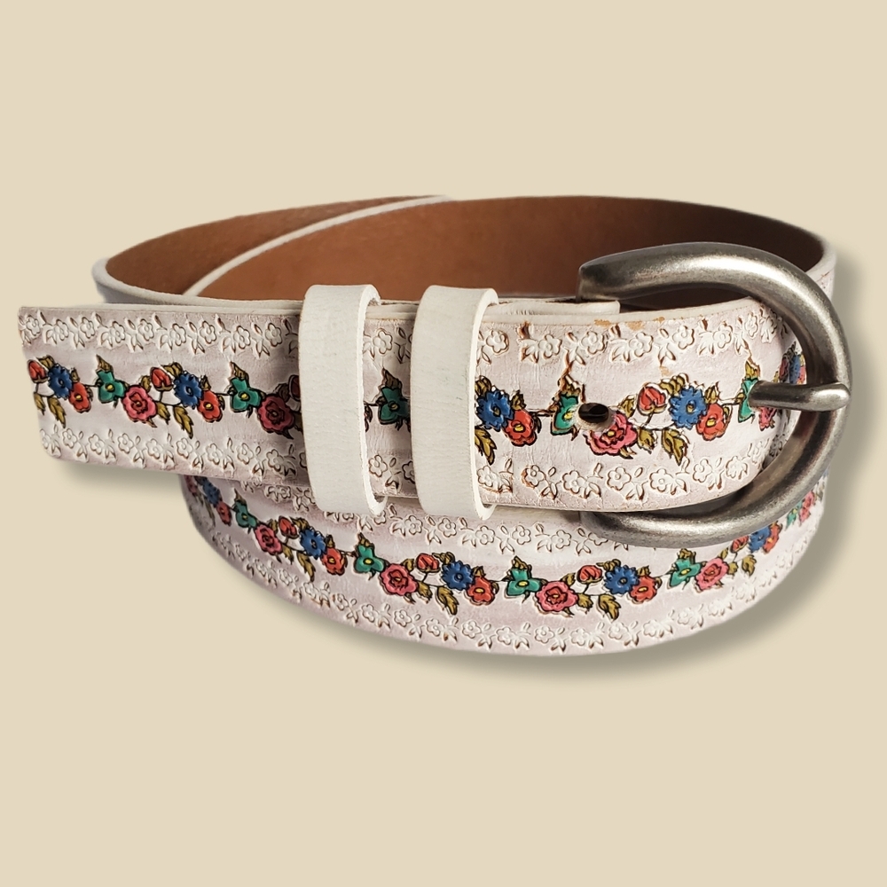 VTG Dockers White Stamped Leather Belt L Colorful Floral Design Silver Buckle